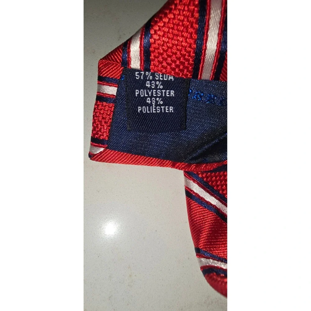 Saddlebred Mens Red Navy Blue White Diagonal Striped Silk Blend Necktie